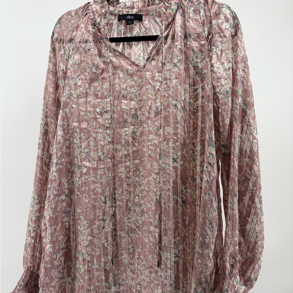 Ellos‎ Floral Boho Blouse Womens Pink Sheer Smocked Cuffs Cottagecore Sz 12 S053